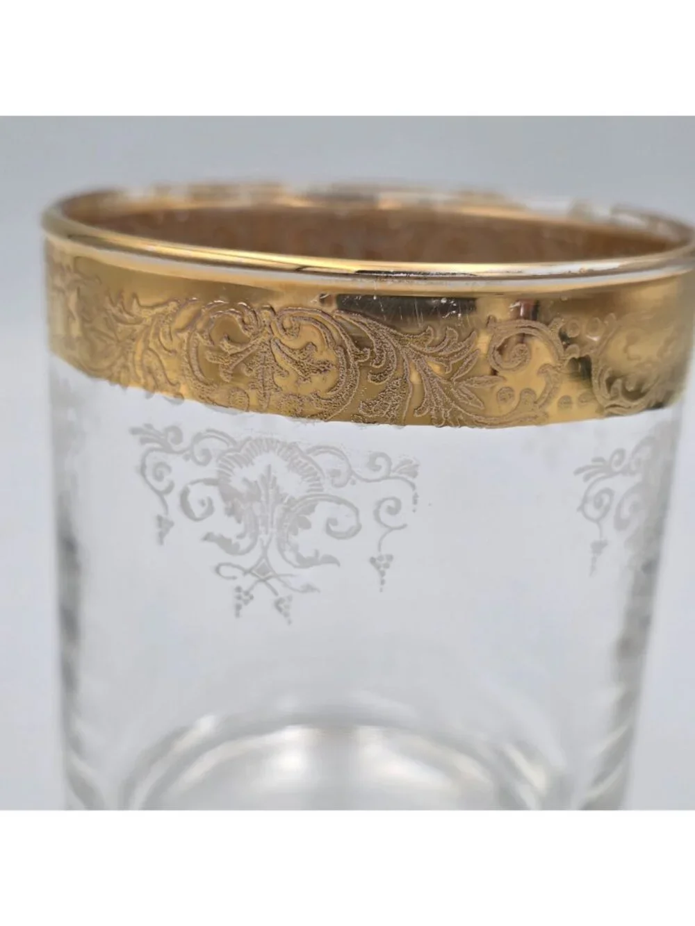 Old Fashioned by Cellini Gold Rim Etched Glass Tumbler With Floral Scroll Design
